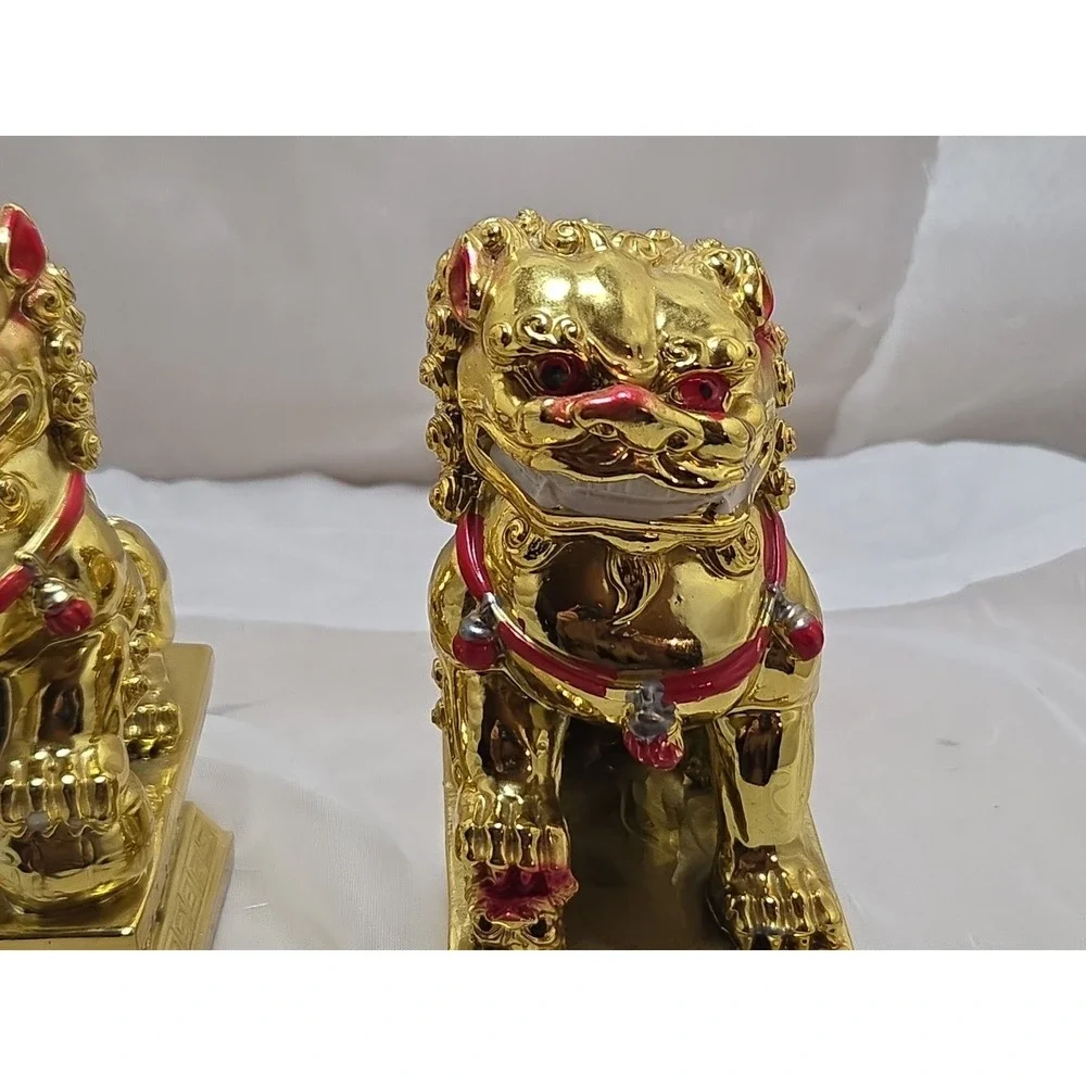 Vtg‎ Pair Chinese Guardian Foo Dogs, gold plated possibly bronze heavy 7